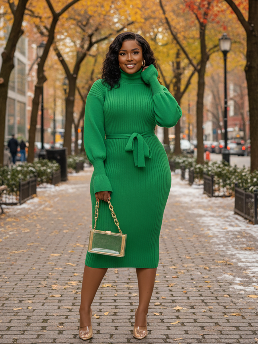 Ribbed Turtleneck Belted Knit Midi Dress