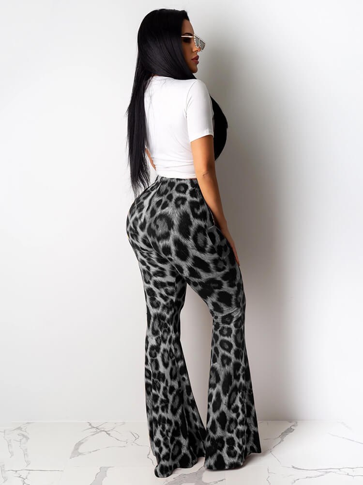 Two Piece Lips Print Top Leopard Pant Suit