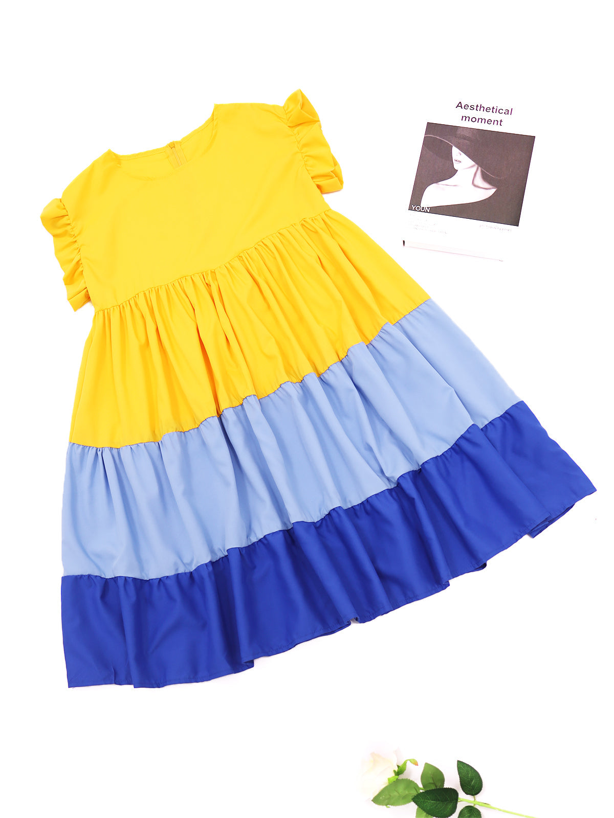 Color Block Ruffle Sleeve Swing Loose Dress