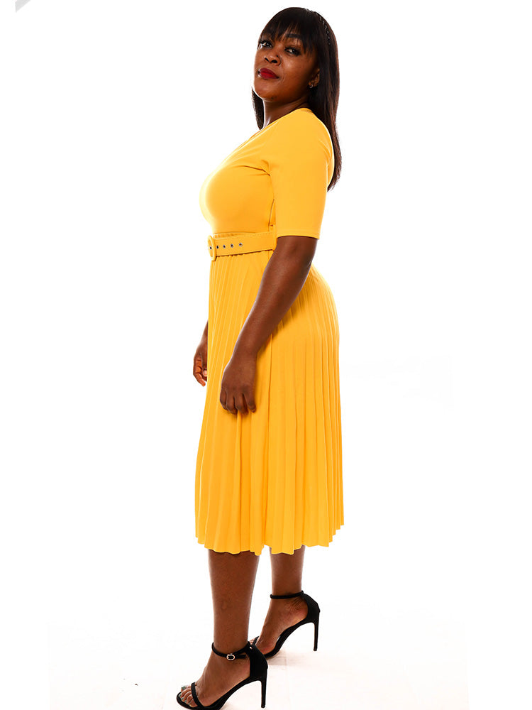 Short Sleeve Solid Color Pleated Midi Dress with Belt