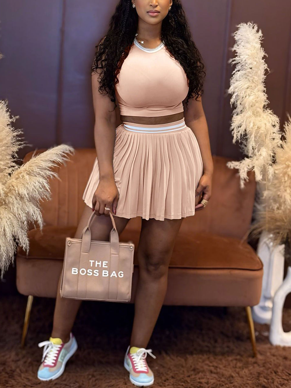Sleeveless Crop Top Pleated Skirt Set