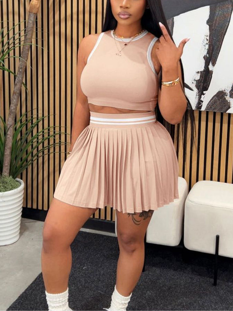 Sleeveless Crop Top Pleated Skirt Set