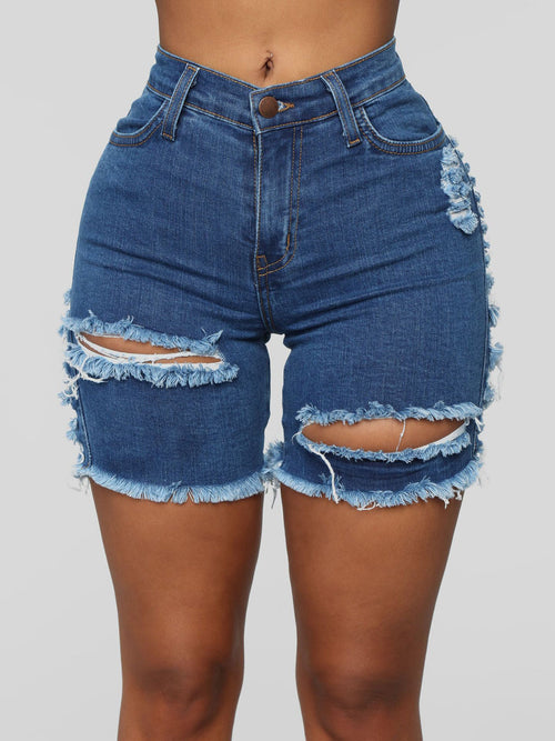 Short en jean déchiré et élastique, longueur genou, effet usé 