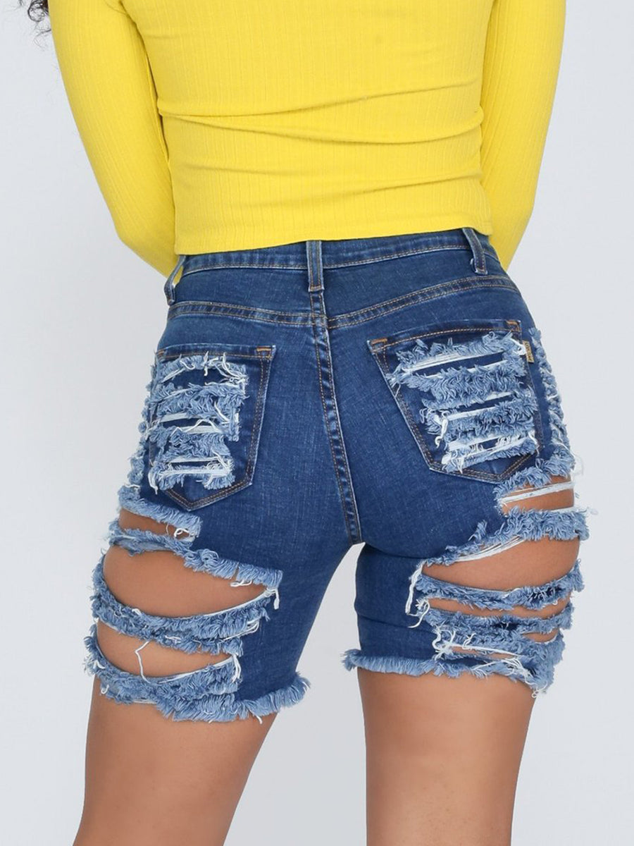Distressed Elastic Ripped Knee Length Denim Shorts