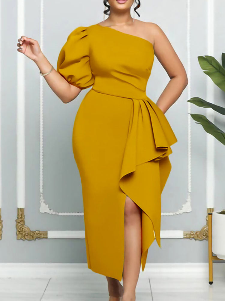 One Shoulder Puff Sleeve Ruffle Slit Dress