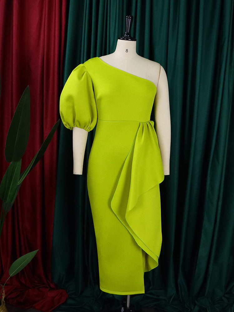 One Shoulder Puff Sleeve Ruffle Slit Dress