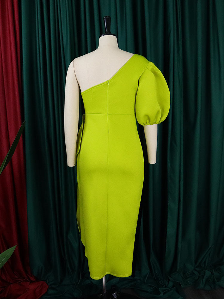 One Shoulder Puff Sleeve Ruffle Slit Dress