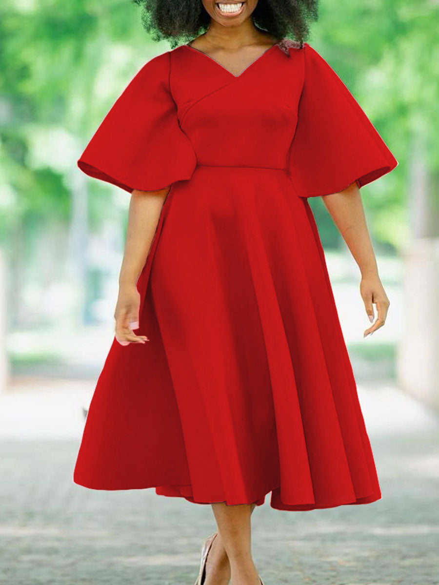 Solid Color Bell Sleeve V-Neck Flared Dress