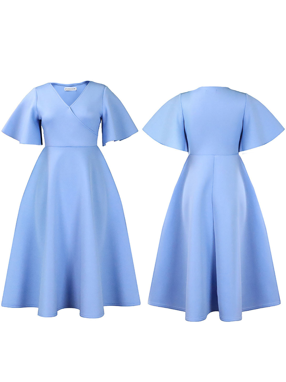 Solid Color Bell Sleeve V-Neck Flared Dress