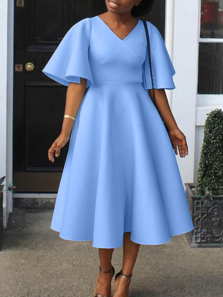 Solid Color Bell Sleeve V-Neck Flared Dress