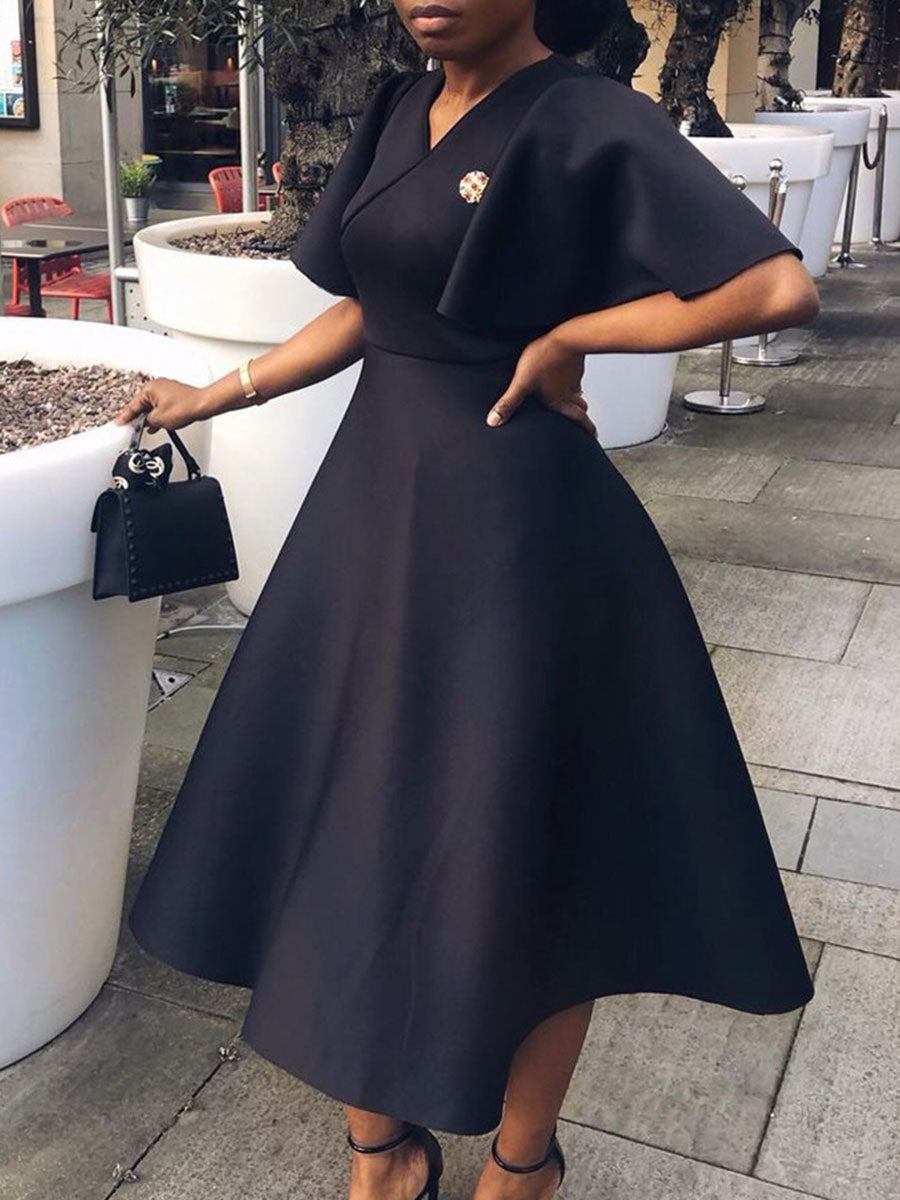 Solid Color Bell Sleeve V-Neck Flared Dress
