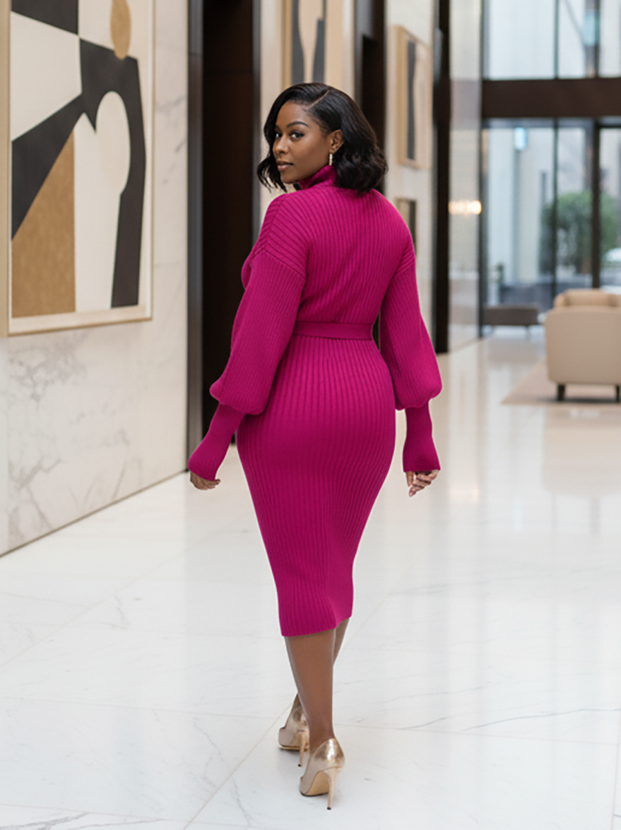 Ribbed Turtleneck Belted Knit Midi Dress