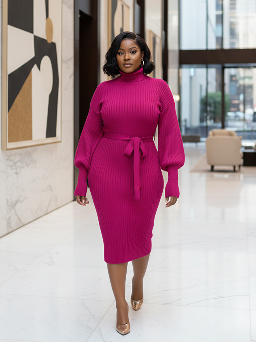 Ribbed Turtleneck Belted Knit Midi Dress