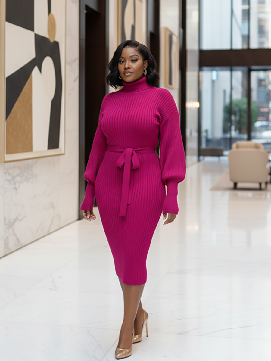 Ribbed Turtleneck Belted Knit Midi Dress