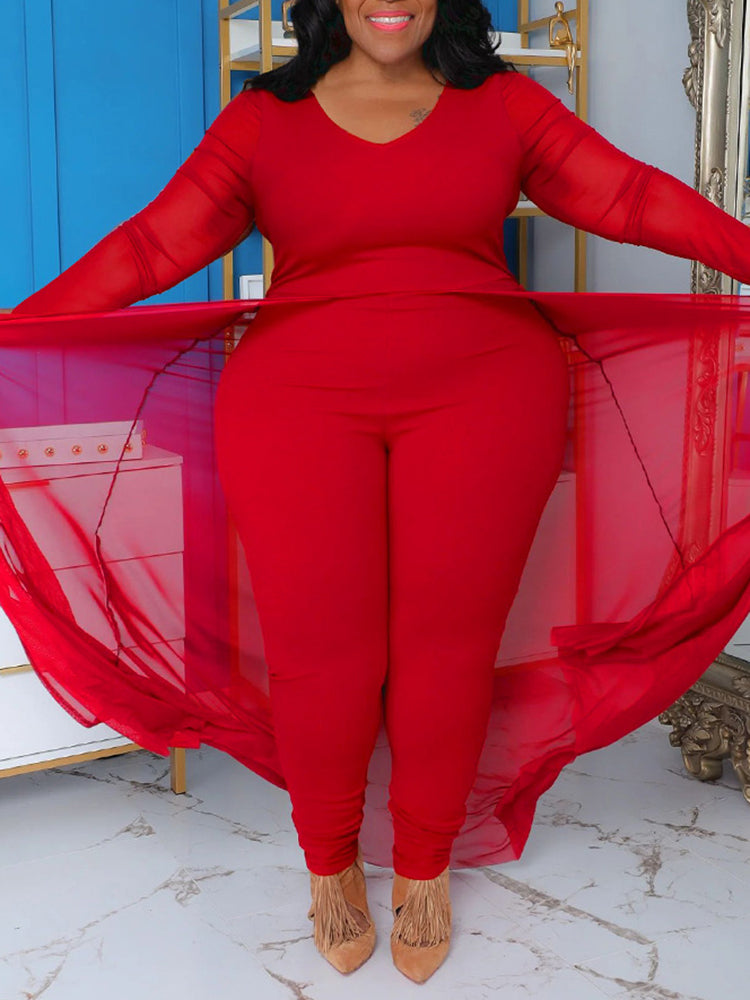 Plus Size Solid Color Patchwork Jumpsuit