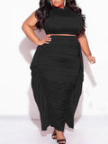 Two-Piece Plus Size Solid Color Fringe Skirt Set
