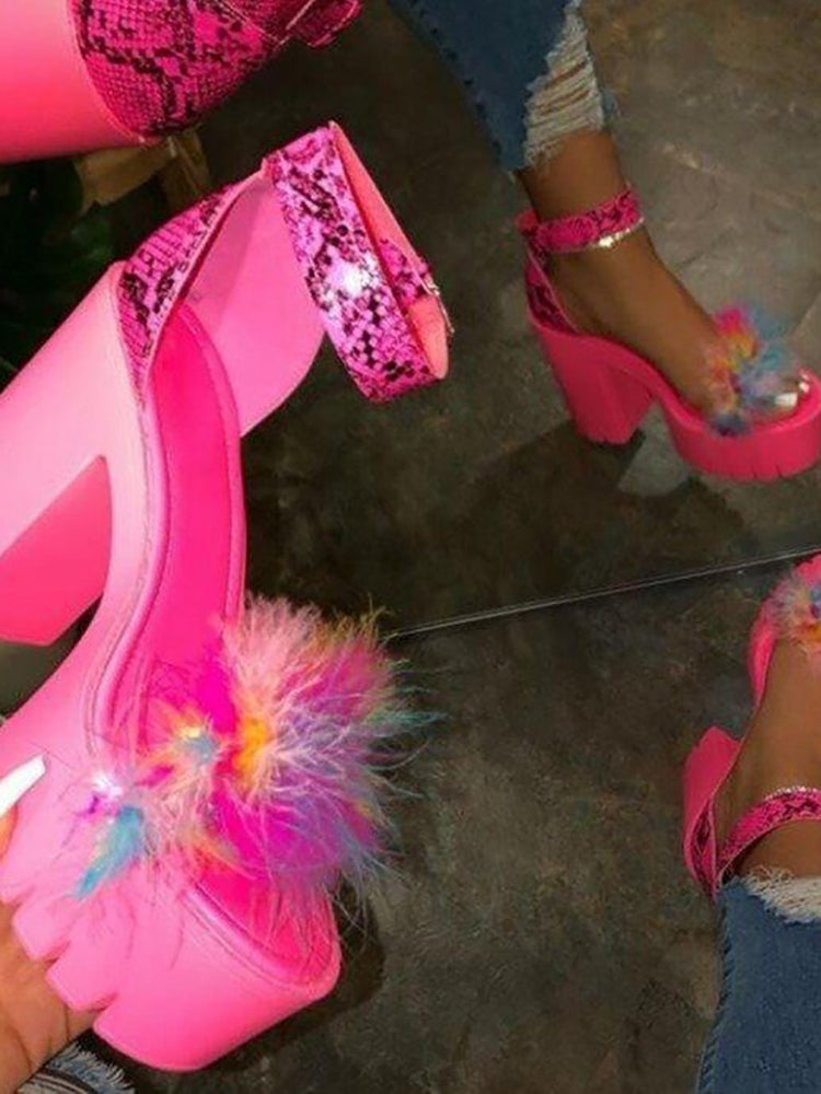 Feather Patchwork Chunky Platform Heel