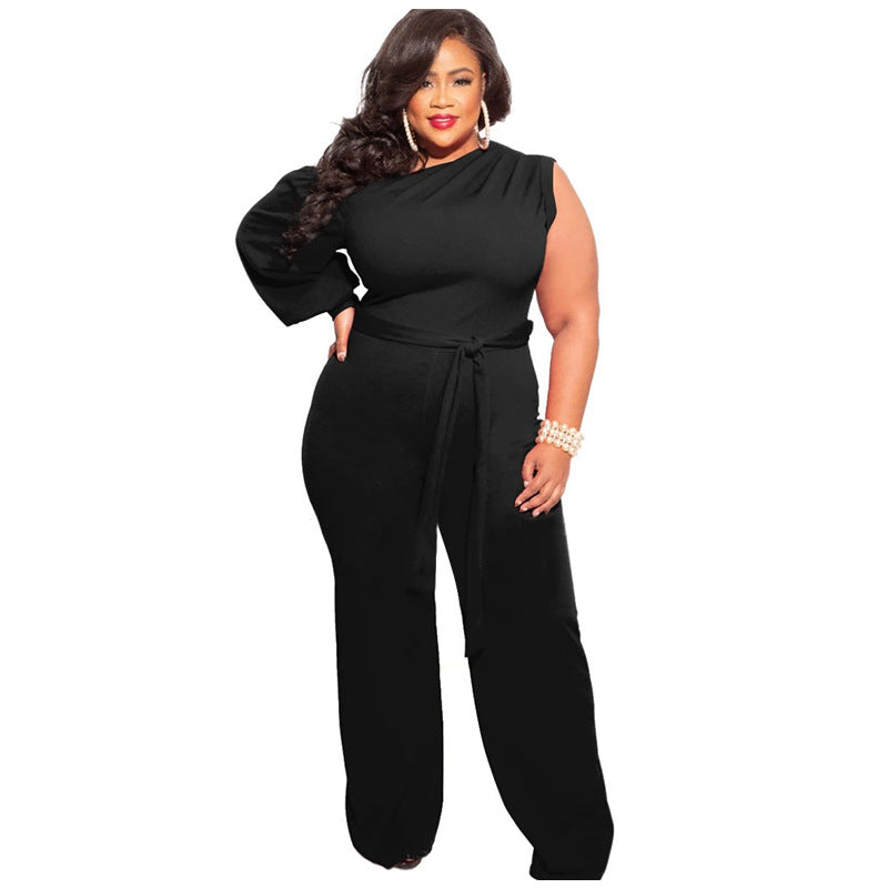 Plus Size Puff Sleeve Belted Wide Leg Pant Jumpsuit