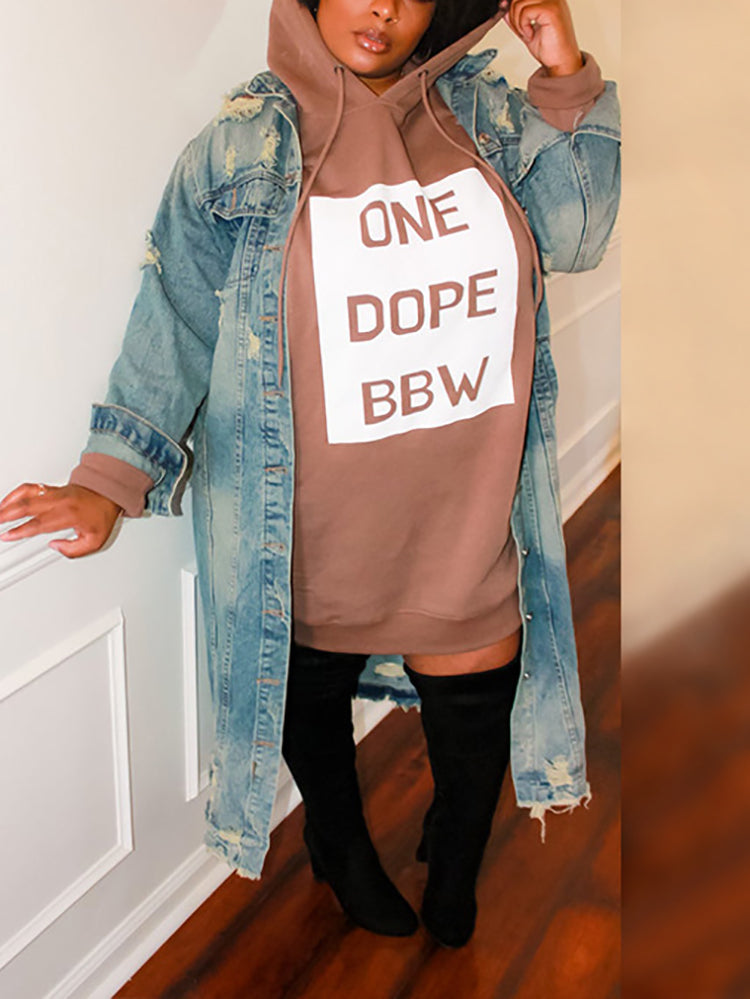 Plus Size Letter Print Hooded Sweatshirt Dress