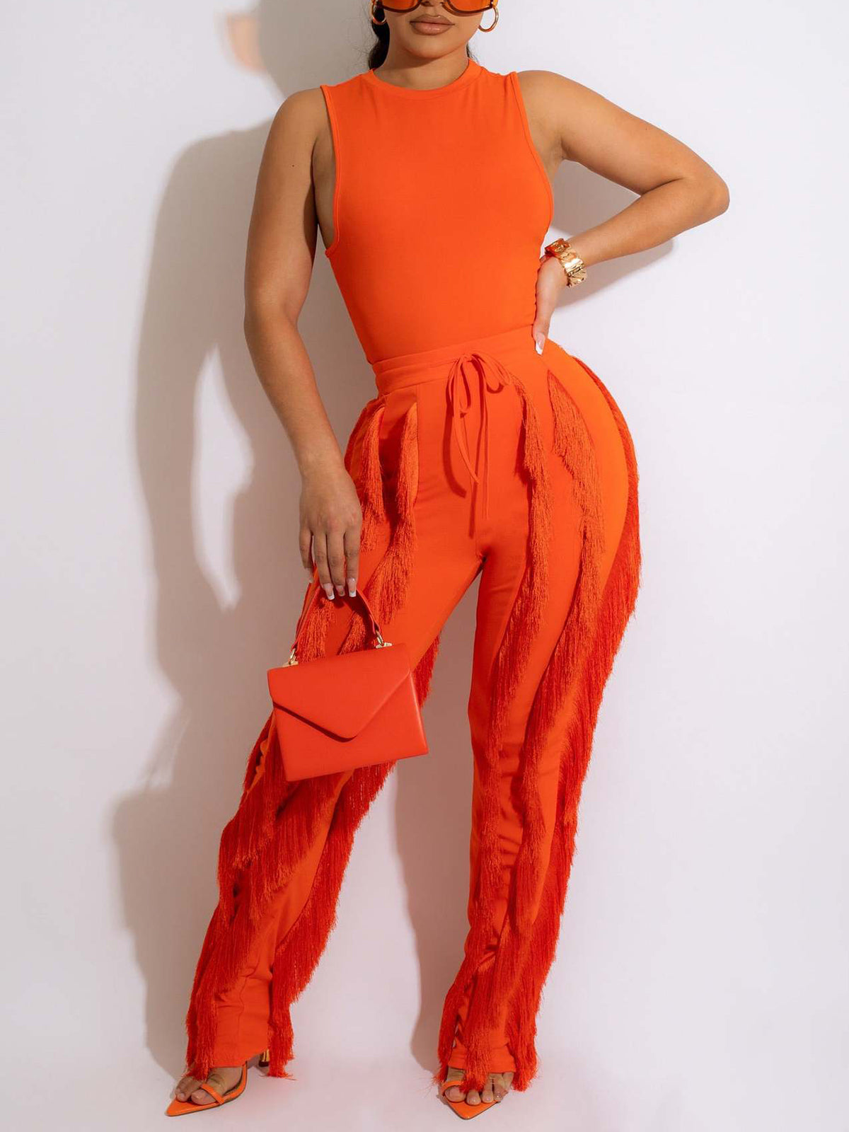 Two Piece Sleeveless Top Tassel Pants
