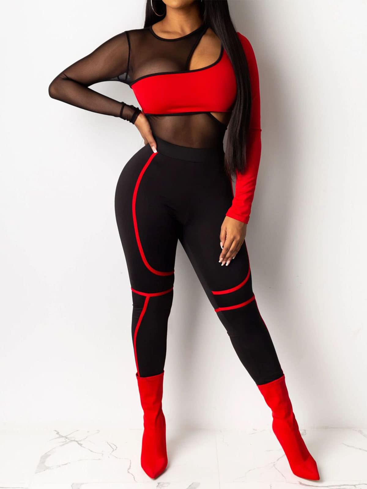 Mesh Two Piece Long Sleeve Bodysuit Long Pants