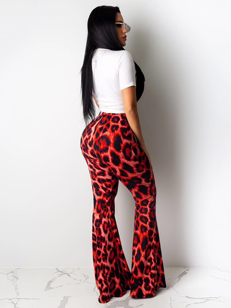 Two Piece Lips Print Top Leopard Pant Suit