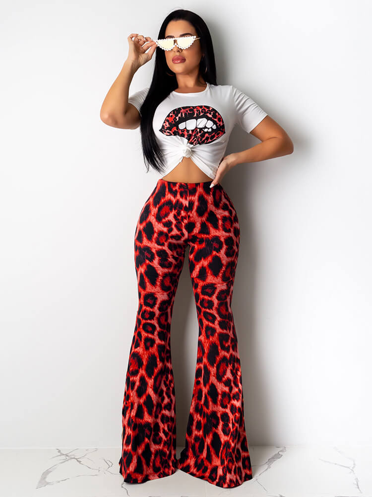 Two Piece Lips Print Top Leopard Pant Suit