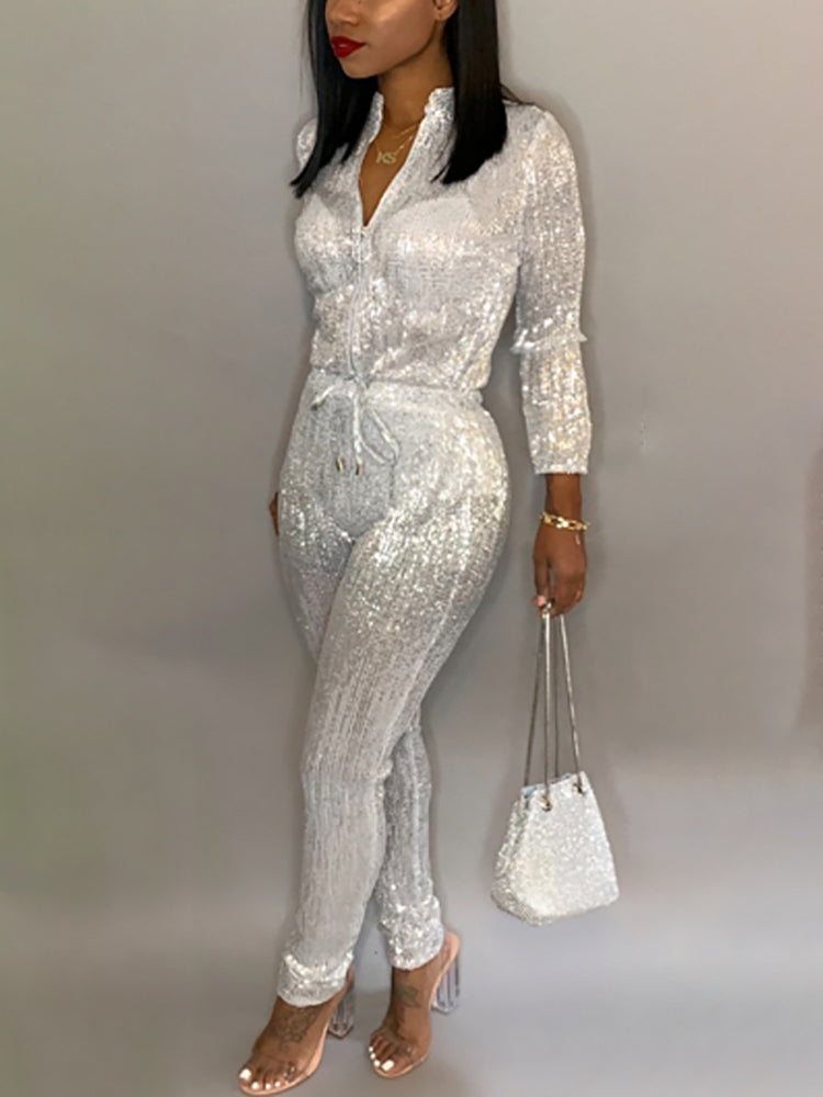 Long Sleeve Sequin Belted Jumpsuit