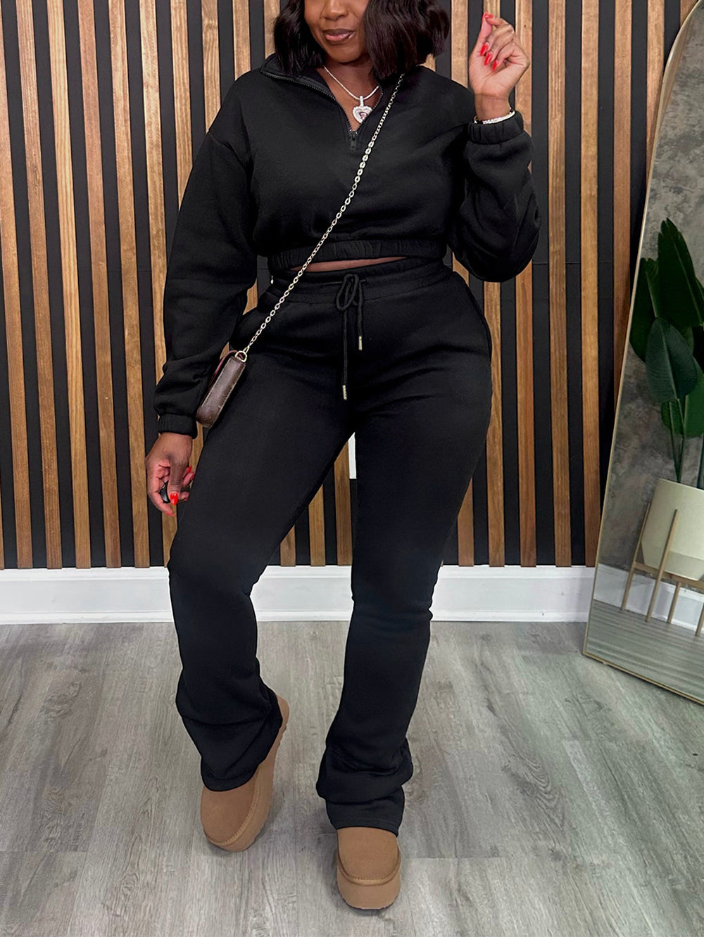 Mock Neck Zipper Pant Set