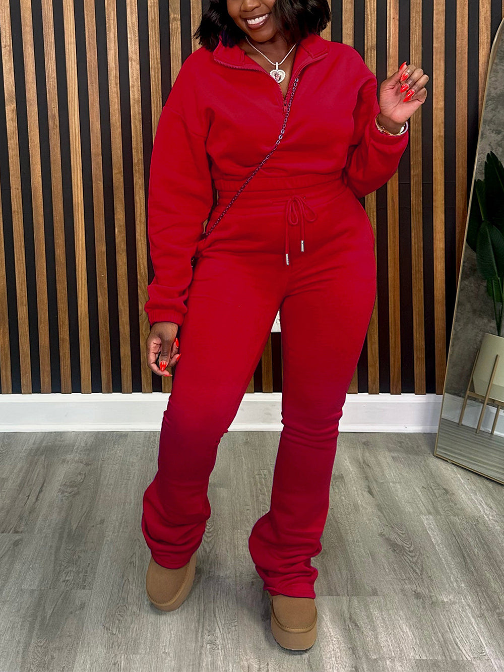 Mock Neck Zipper Pant Set