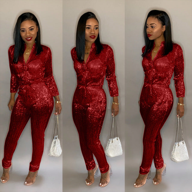 Long Sleeve Glitter Belted Jumpsuit