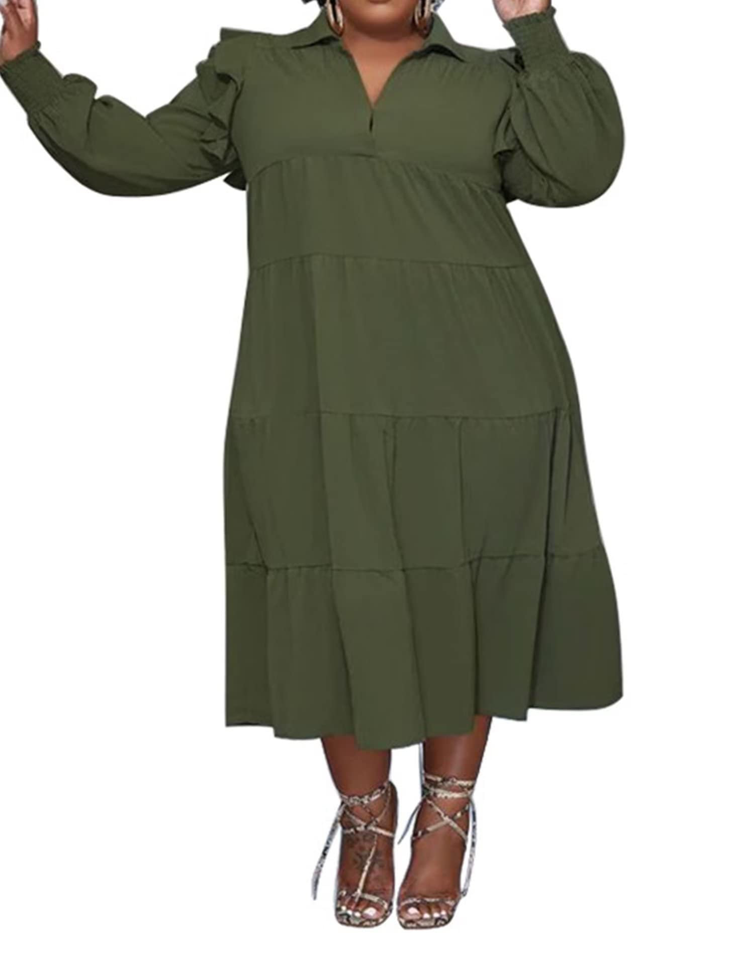Plus Size Long Sleeve Ruffle Lapel Maxi Dress