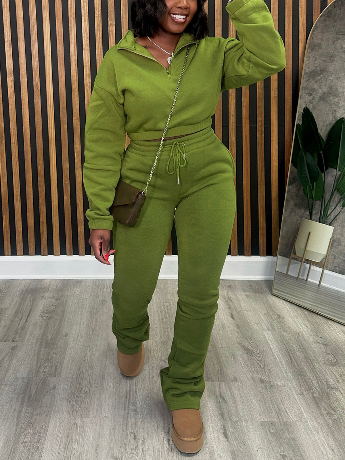 Mock Neck Zipper Pant Set