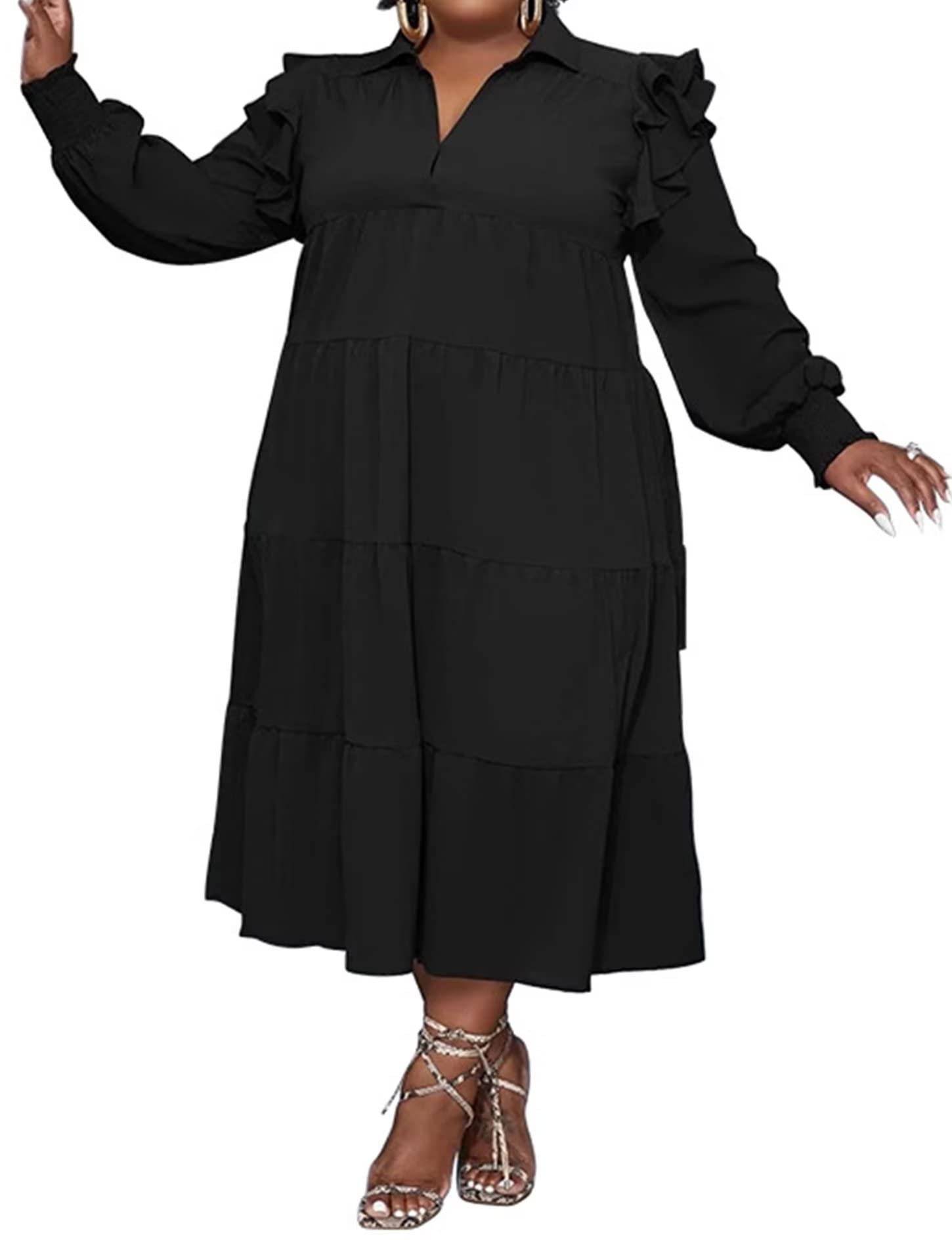 Plus Size Long Sleeve Ruffle Lapel Maxi Dress