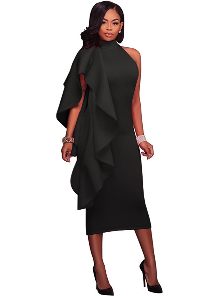 Mock Neck Sleeveless Ruffle Midi Dress