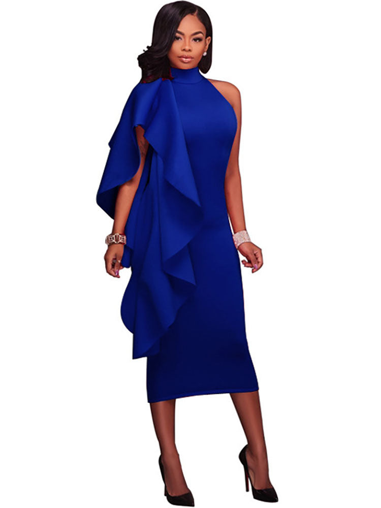 Mock Neck Sleeveless Ruffle Midi Dress