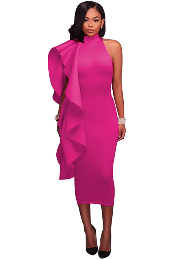 Mock Neck Sleeveless Ruffle Midi Dress