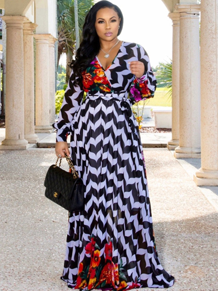 Chiffon Floral Printed V Neck Wrap Boho Maxi Dress