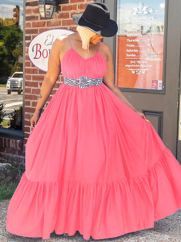 Plus Size Spaghetti Strap Ruffle Beach Maxi Swing Dress