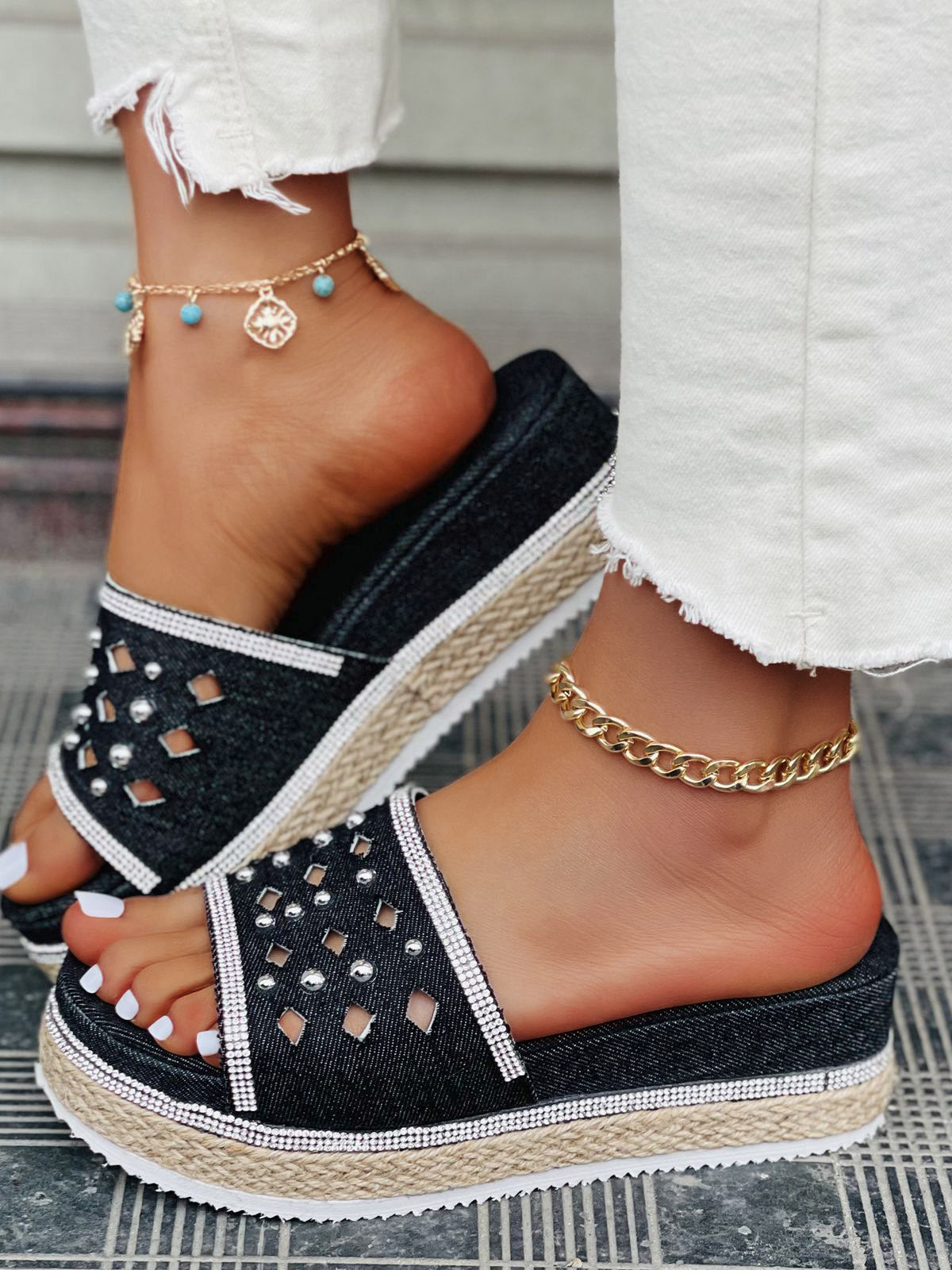 Beaded Denim Platform Slide