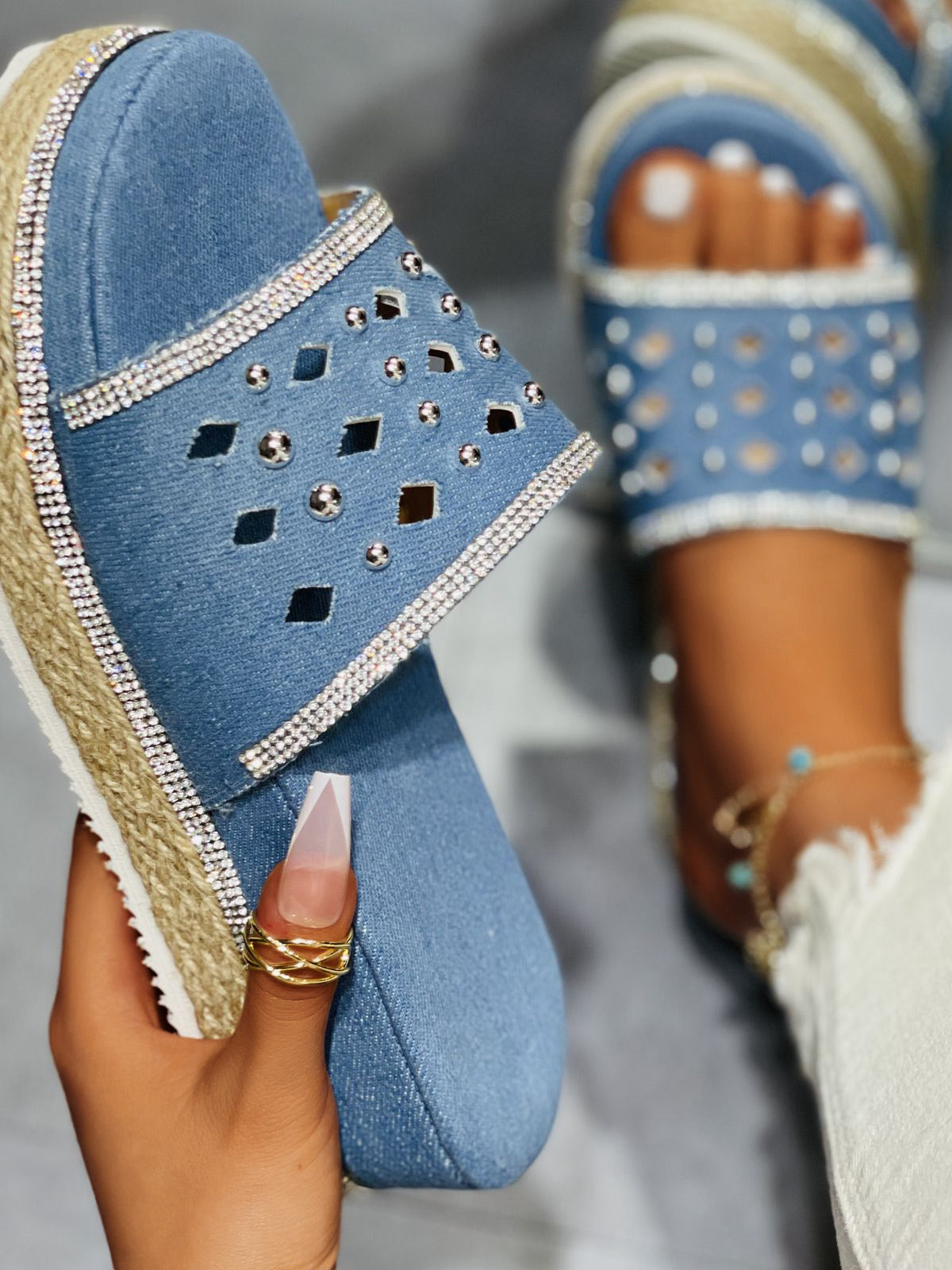 Beaded Denim Platform Slide