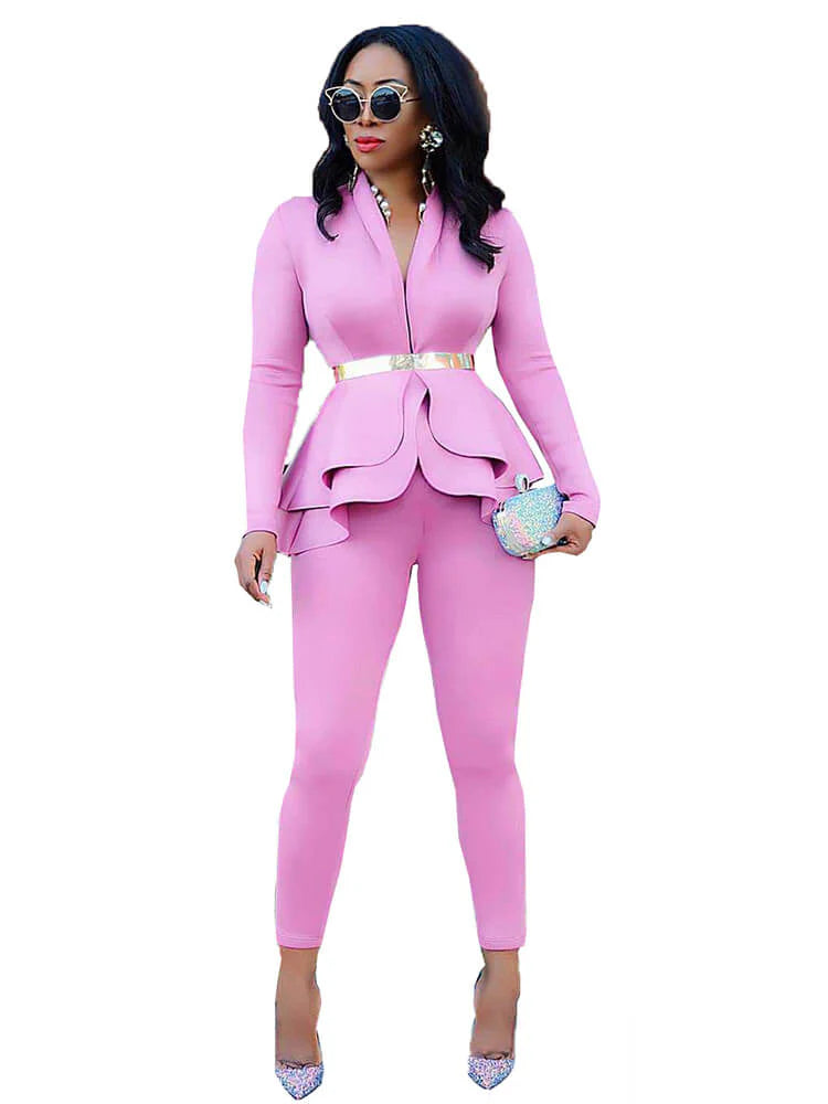 Two Piece Ruffle Blazer Bodycon Long Pants