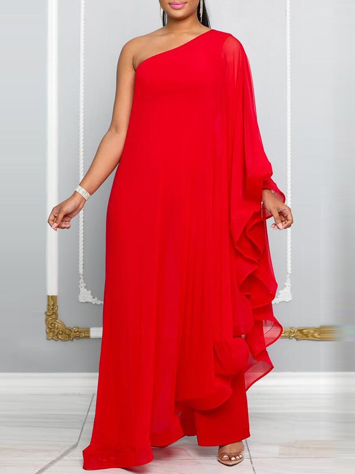 Elegant One-Shoulder Sleeveless Ruffle Jumpsuit