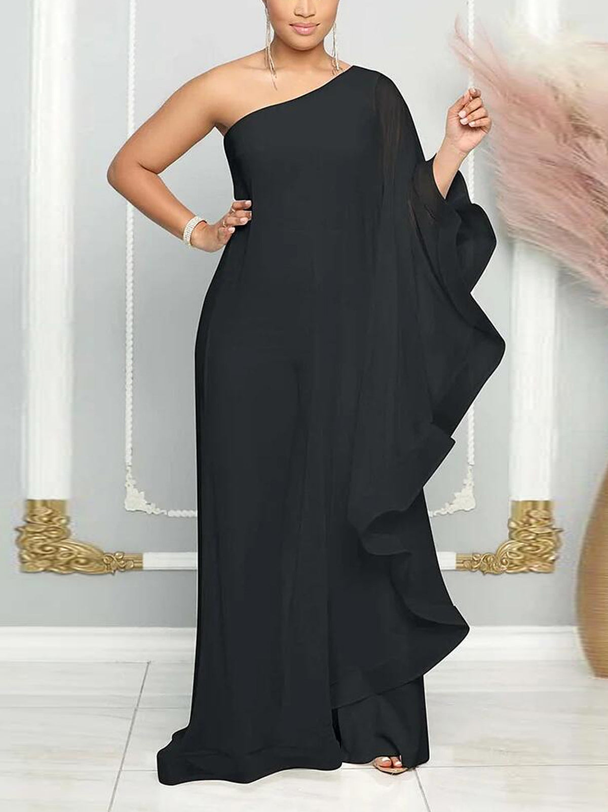 Elegant One-Shoulder Sleeveless Ruffle Jumpsuit