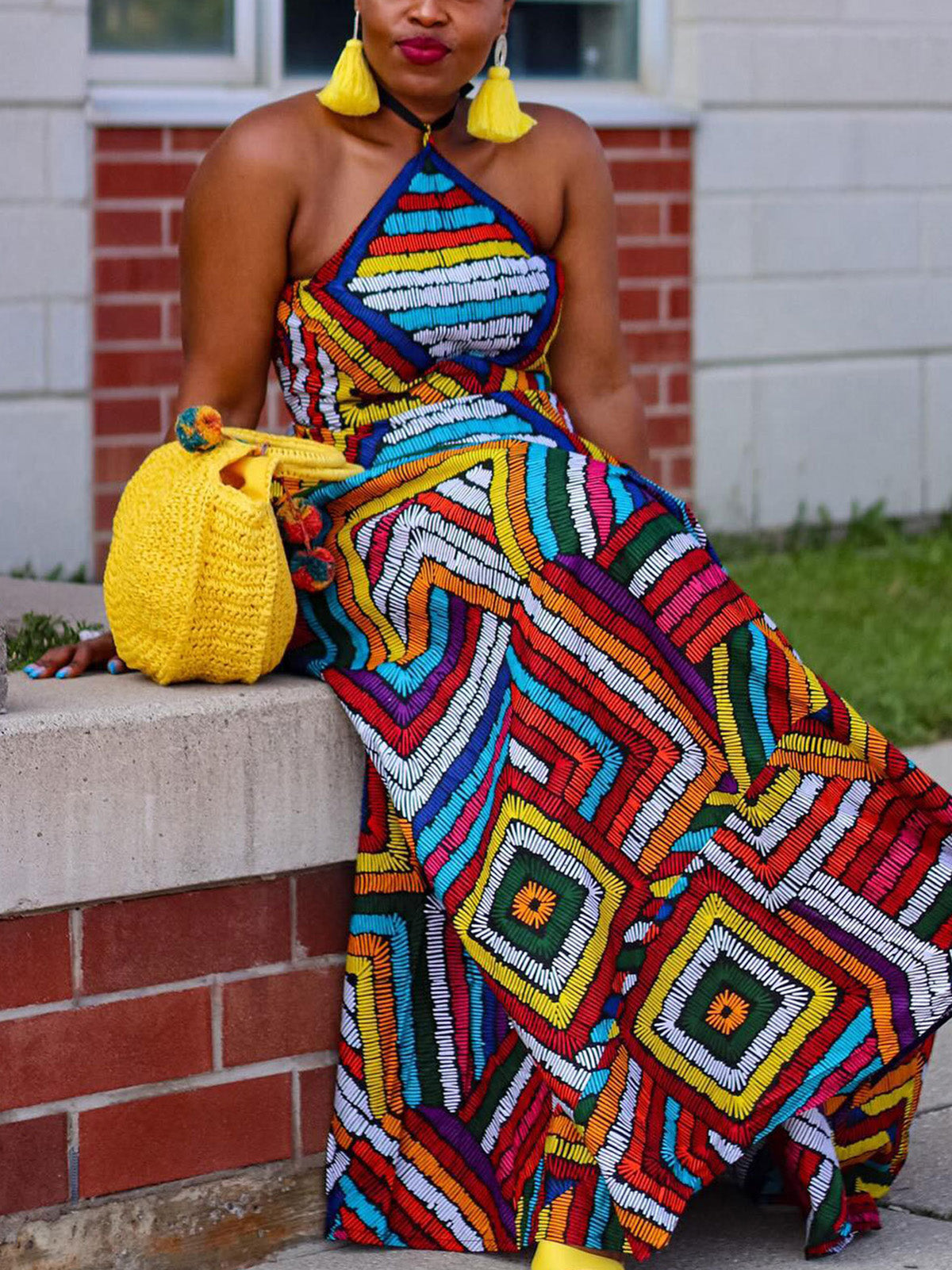 Colorful Print Halter Neck Backless Maxi Dress
