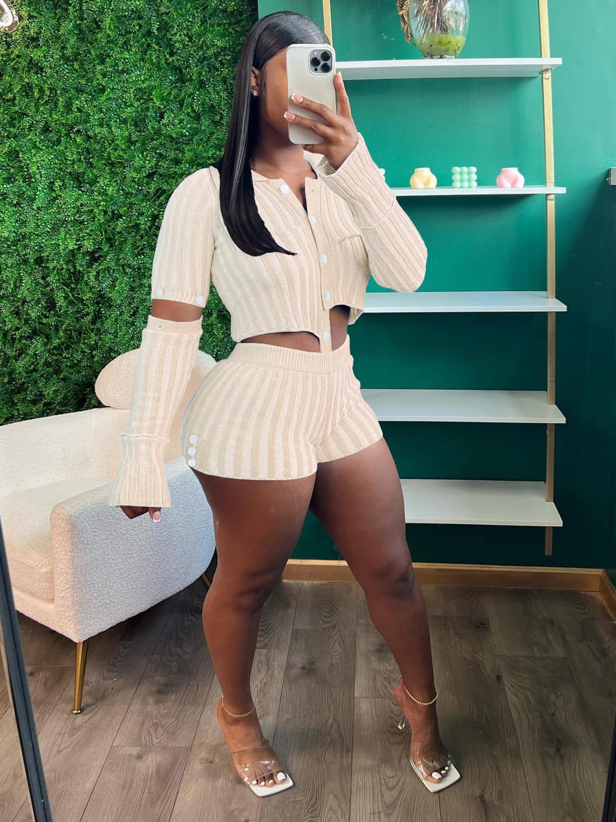 Two Piece Knit Crochet Crop Top Shorts