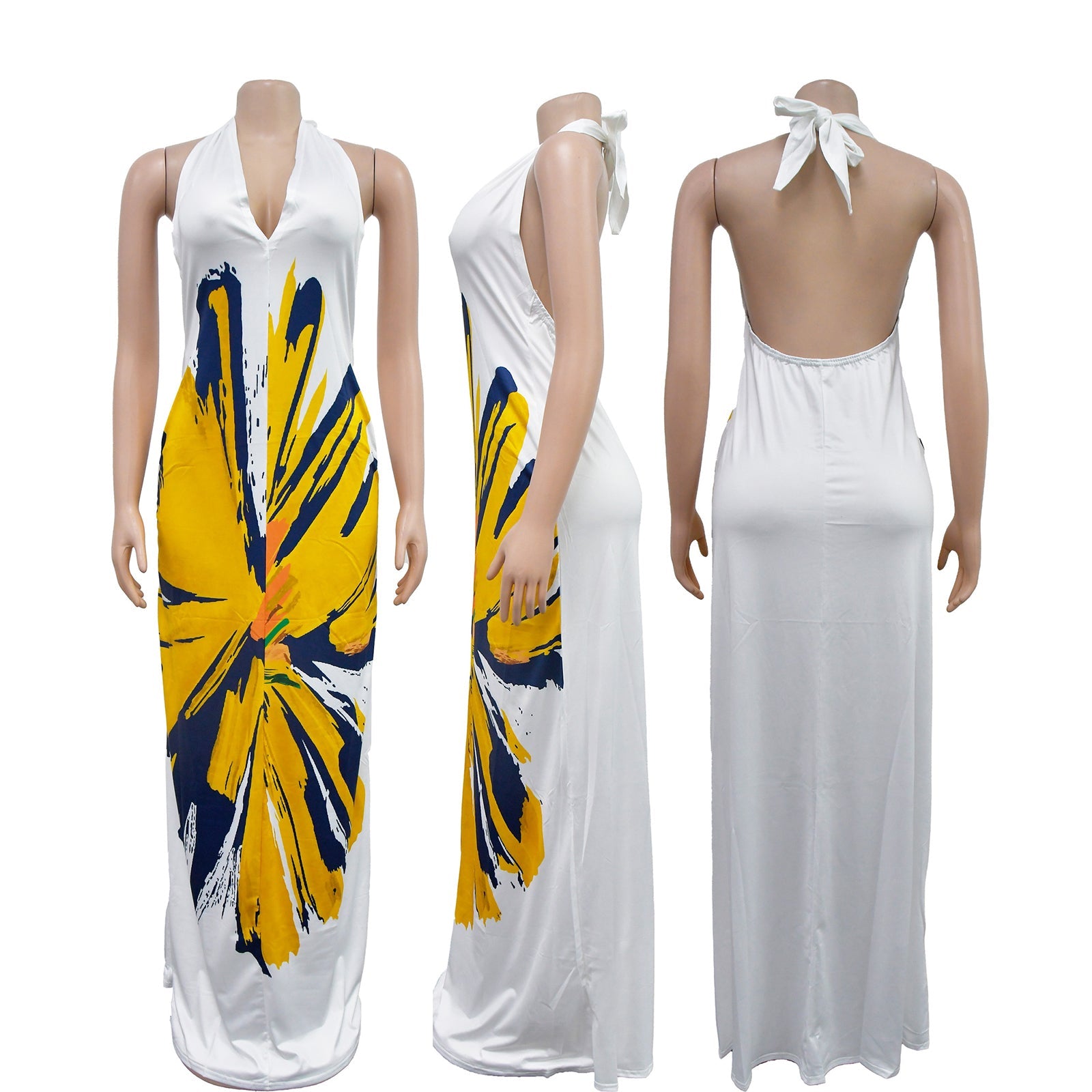 Halter Neck Backless Floral Print Maxi Dress