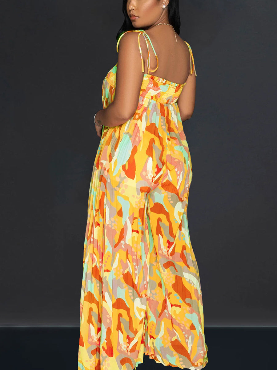 Strap Pleated Wide Leg Printed Jumpsuit