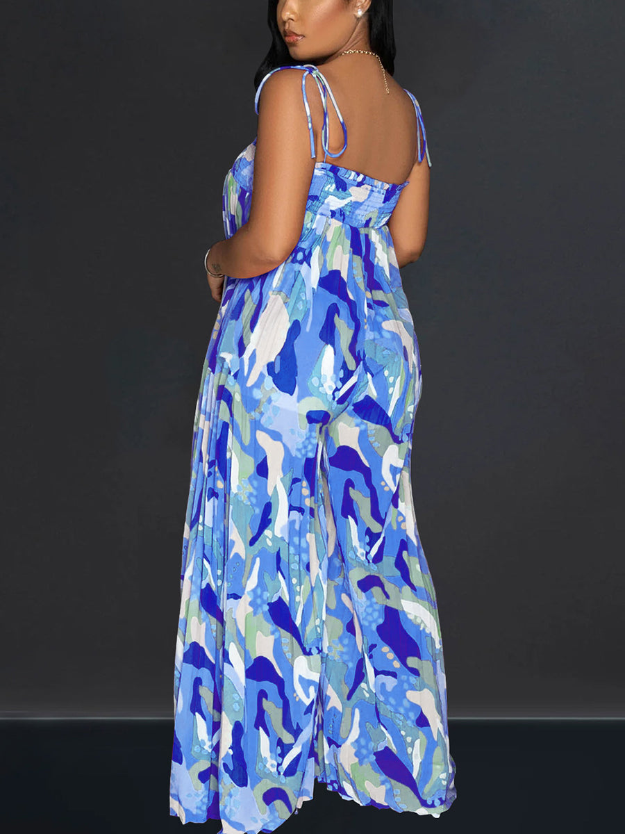 Strap Pleated Wide Leg Printed Jumpsuit