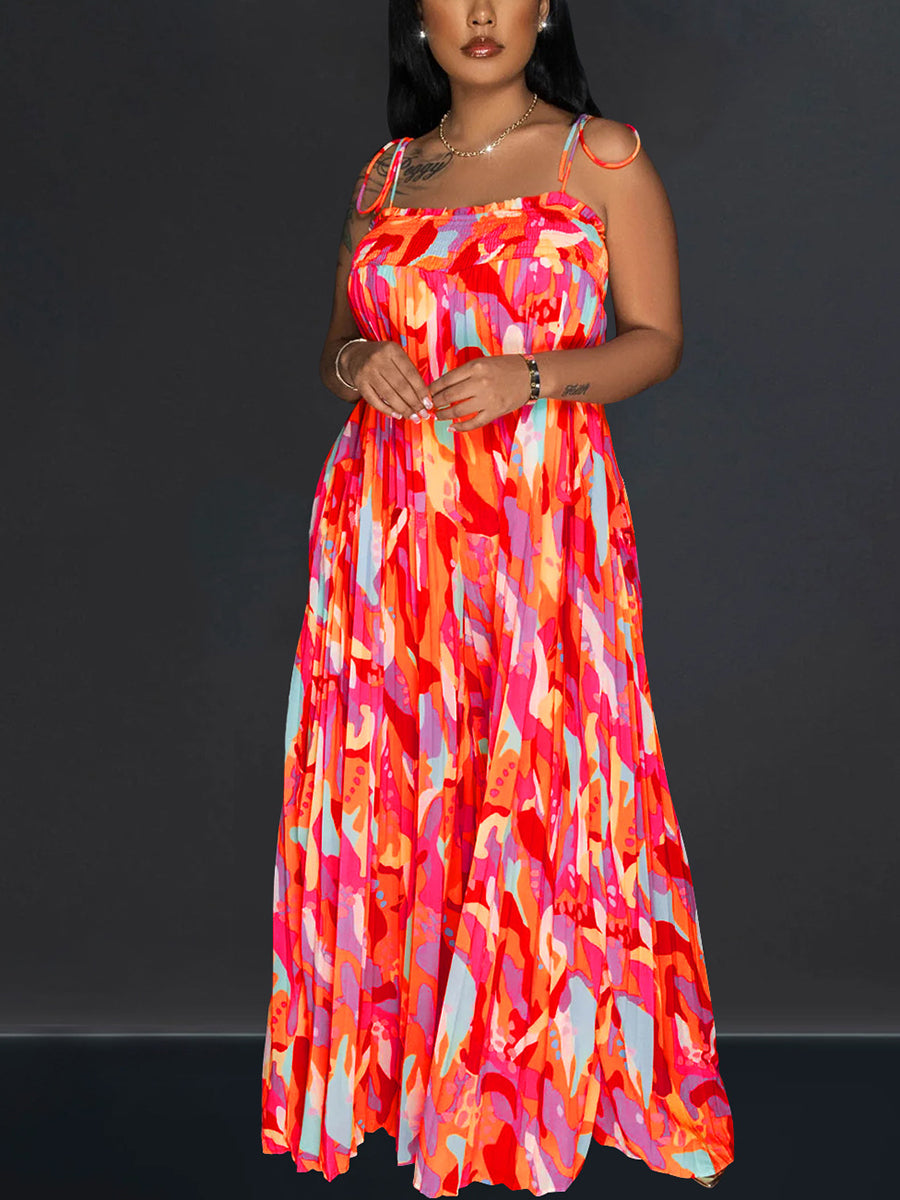 Strap Pleated Wide Leg Printed Jumpsuit